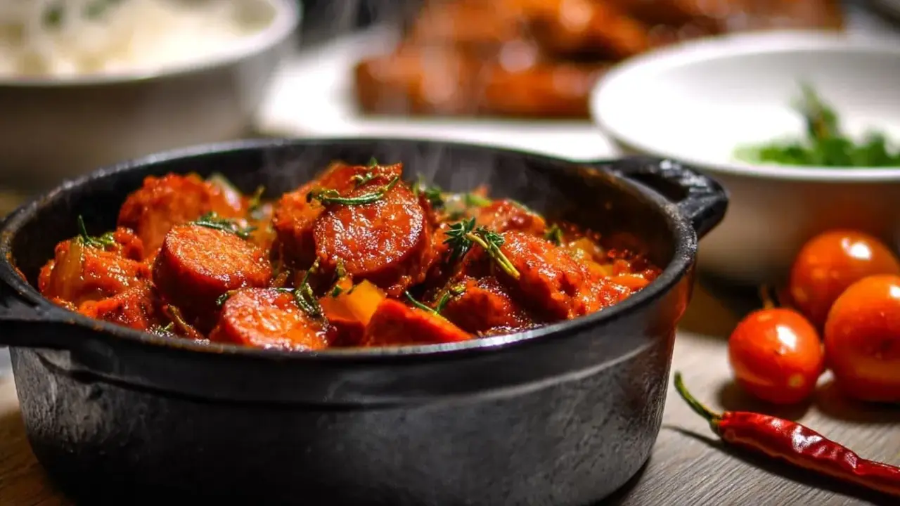 Un plat fumant de rougail saucisse, garni d'herbes fraîches, avec des tomates et un piment rouge à côté.