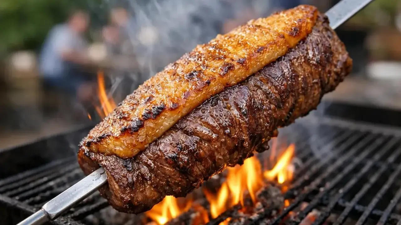 Un morceau de viande juteux sur une broche, cuisant au-dessus des flammes vives. Un vrai barbecue brésilien, prêt à être dégusté.