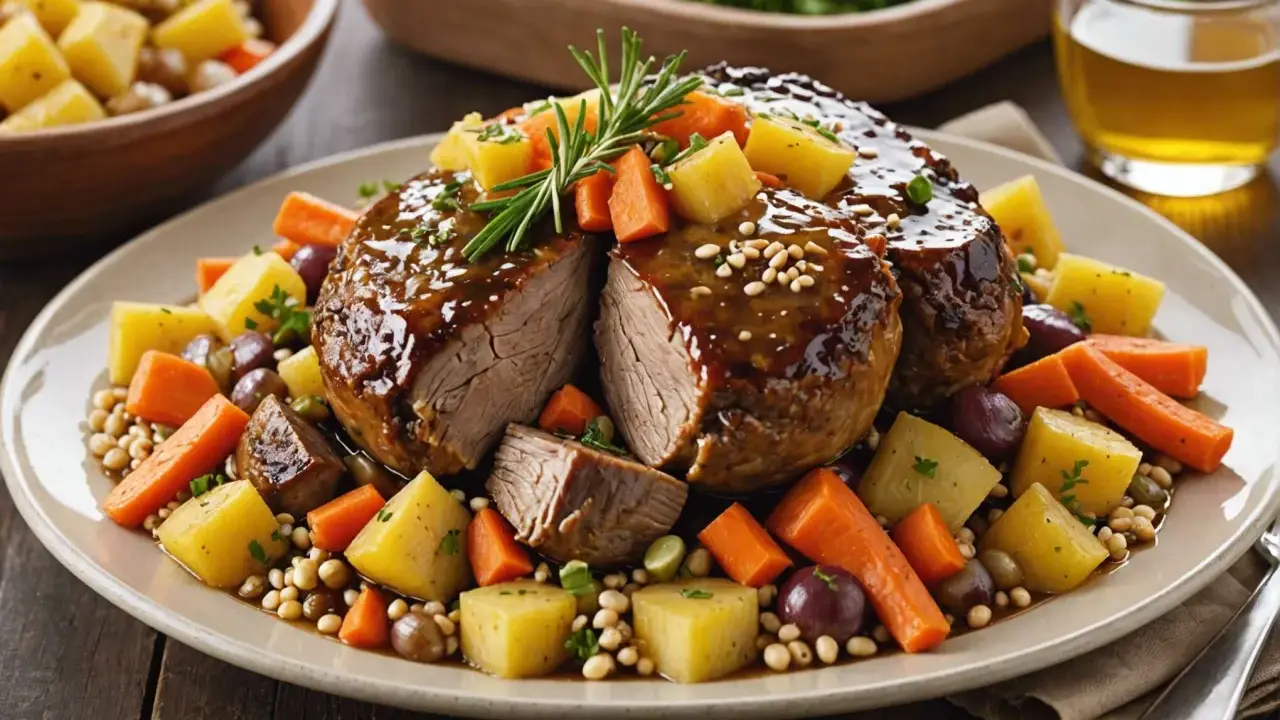 Un plat de veau de 7h, tendre et juteux, nappé d'une sauce brillante, entouré de pommes de terre, carottes, olives et haricots.