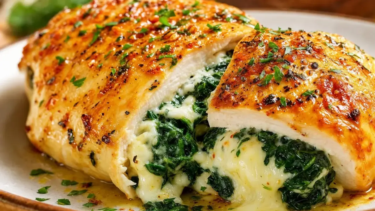 Un délicieux poulet farci aux épinards et au fromage fondant, garni de persil frais.