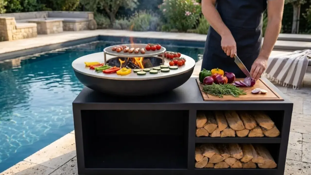 Un homme prépare des légumes pour le barbecue, près d'une piscine. Le culottage de la plancha inox est prêt pour la cuisson.