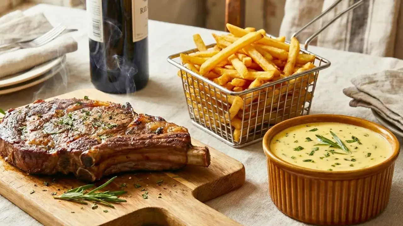 Un steak-côte de bœuf fumant, des frites croustillantes et une sauce béarnaise avec quoi ? Un délice !