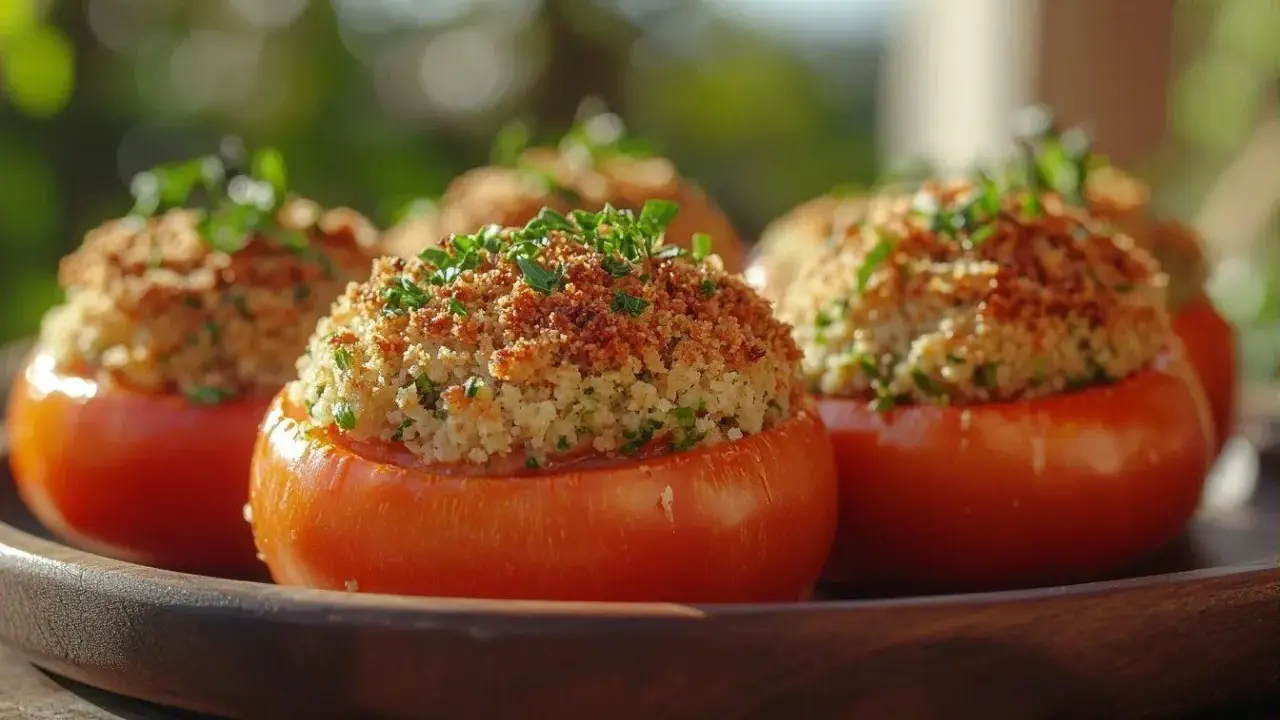 Tomates provençales garnies d'une chapelure dorée et d'herbes fraîches, servies sur un plat en bois.