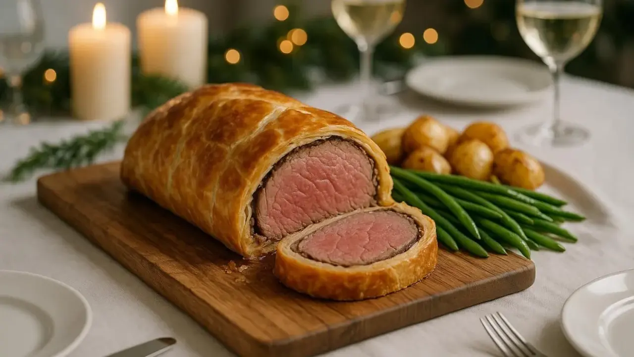 Un festin de viande en croûte, tendre et juteuse, servie avec des pommes de terre rôties et des haricots verts. Une ambiance chaleureuse avec des bougies et des guirlandes lumineuses.