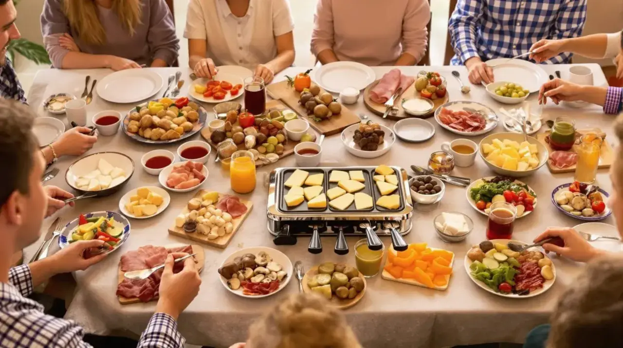 Une table conviviale pour une idée plateau raclette : fromages, charcuteries, légumes et pommes de terre attendent d'être fondus.