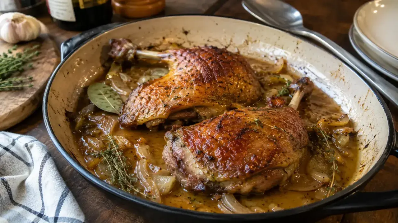 Deux cuisses de canard au four, dorées et juteuses, mijotent dans leur jus avec des oignons et des herbes.