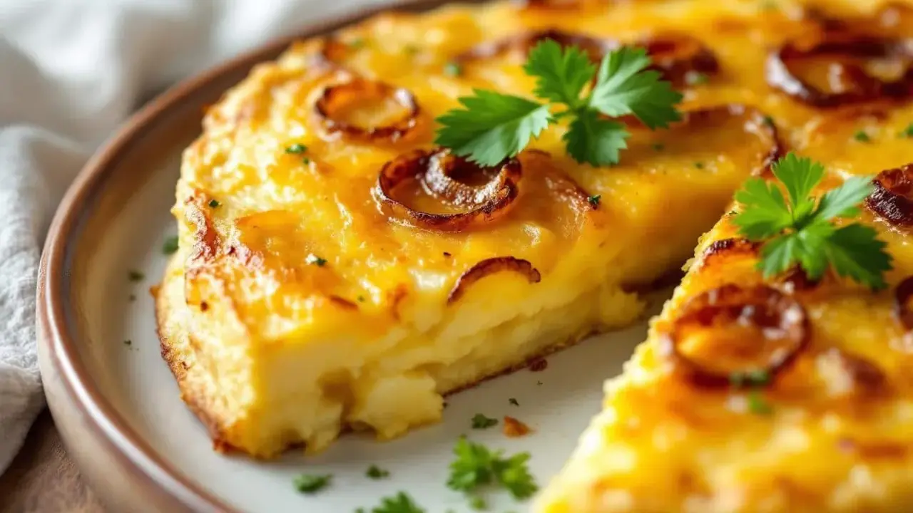 Une tranche de tortilla espagnole dorée, garnie d'oignons caramélisés et de persil frais, sur une assiette.