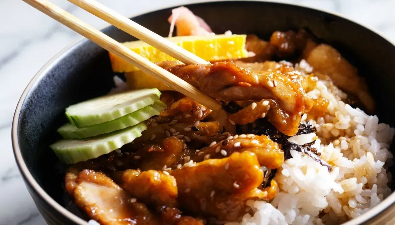Un bol de riz garni de poulet teriyaki, de concombre, d'omelette et de gingembre mariné, prêt à être dégusté avec des baguettes.