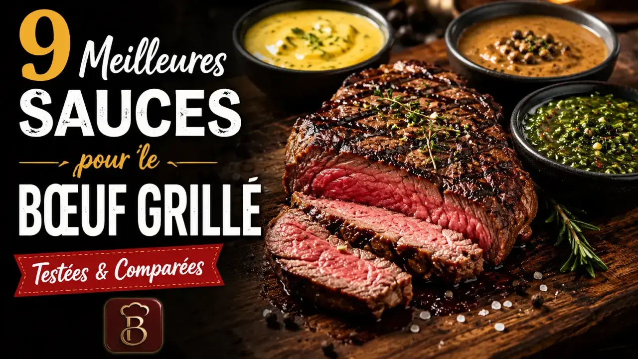 Un steak grillé juteux, coupé en tranches, accompagné de trois sauces : béarnaise, poivre et chimichurri. Découvrez la meilleur sauce pour steak !