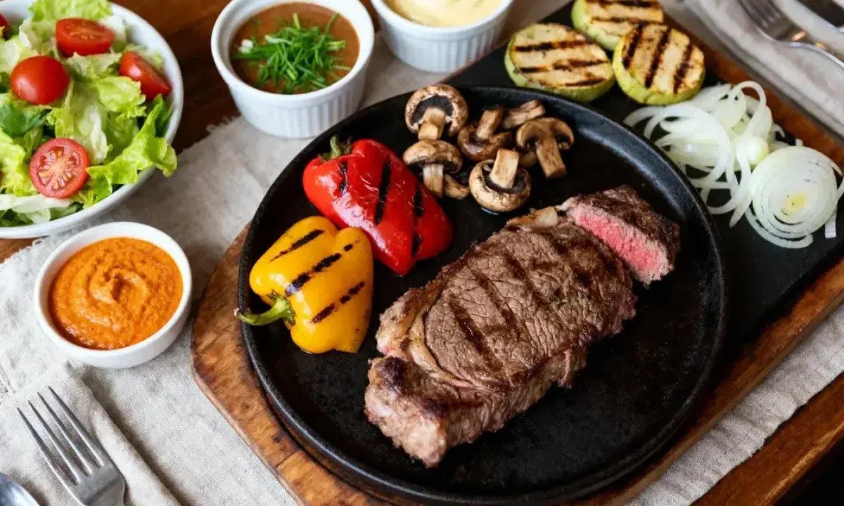 Un steak grillé, poivrons, champignons, courgettes et une sauce pierrade maison savoureuse.