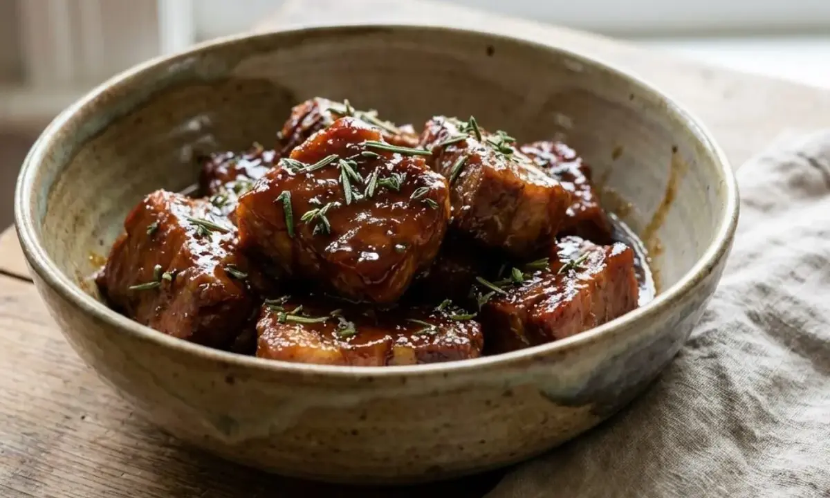 Un bol rustique rempli de morceaux de porc au caramel brillants, garnis de romarin frais. Un délice gourmand.