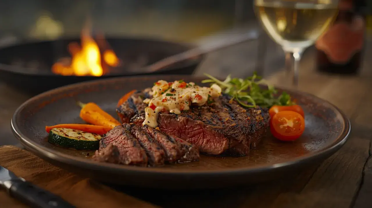 Un savoureux bavette à l'échalote, grillé à la perfection, servi avec des légumes rôtis et une sauce crémeuse. Un délice pour les yeux et les papilles.
