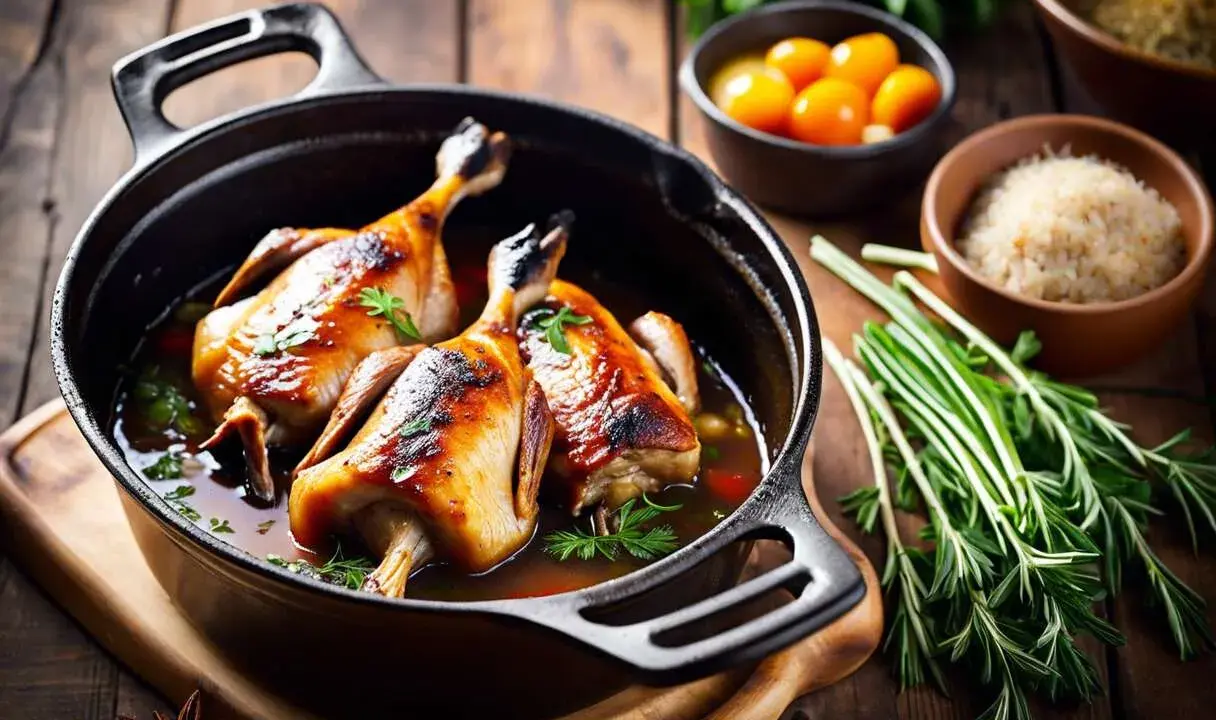 Deux cuisses de canard dorées mijotent dans un jus savoureux, accompagnées de tomates cerises et de romarin frais. Un plat appétissant.