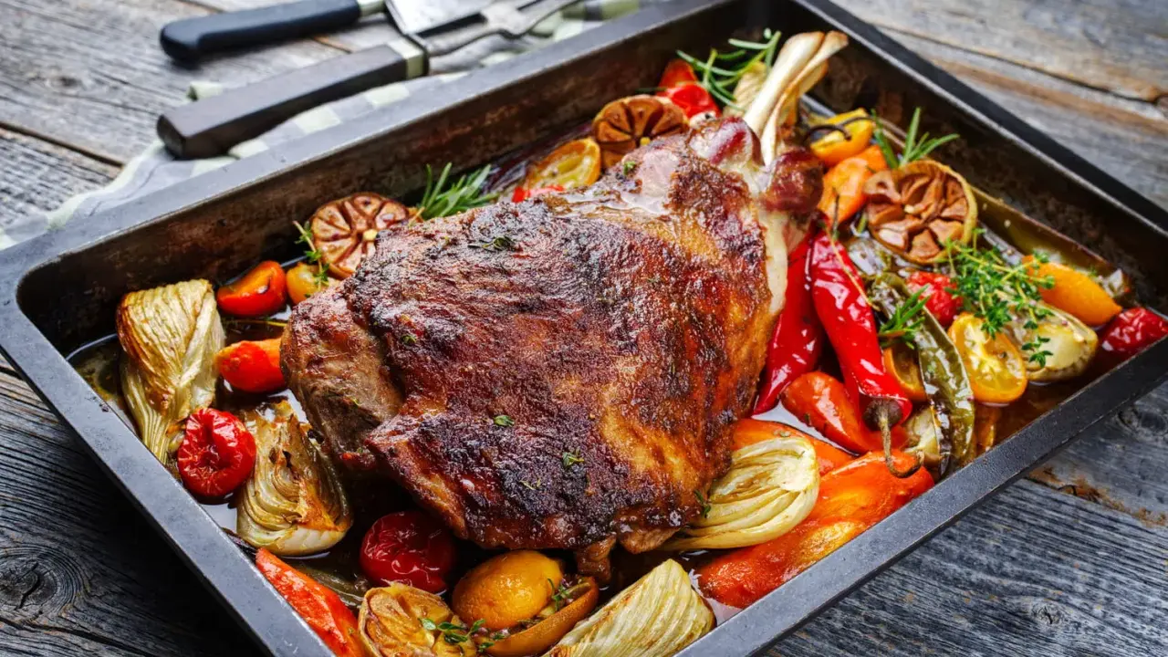 Une succulente épaule d'agneau rôtie dans un plat avec des légumes colorés, des poivrons, des tomates et des herbes aromatiques.