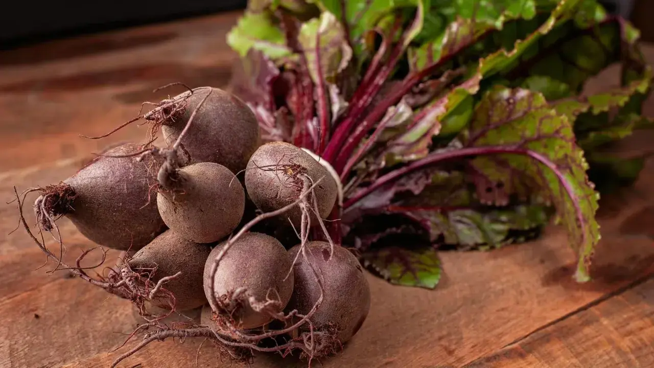Un bouquet de betteraves fraîches, prêtes pour une délicieuse recette betterave. Leurs feuilles vertes et leurs racines pourpres promettent saveur et couleur.