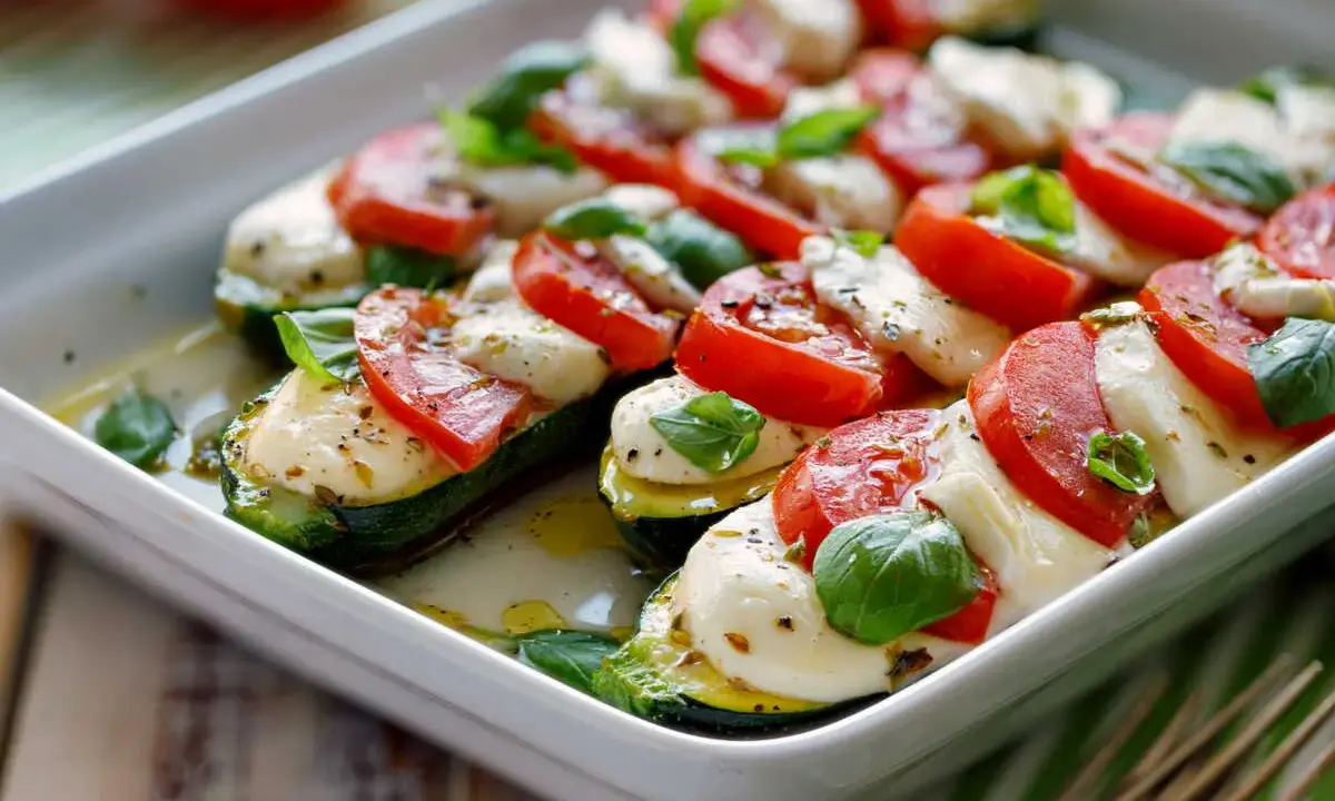 Courgettes farcies au fromage fondant, tomates fraîches et basilic, un délice méditerranéen.