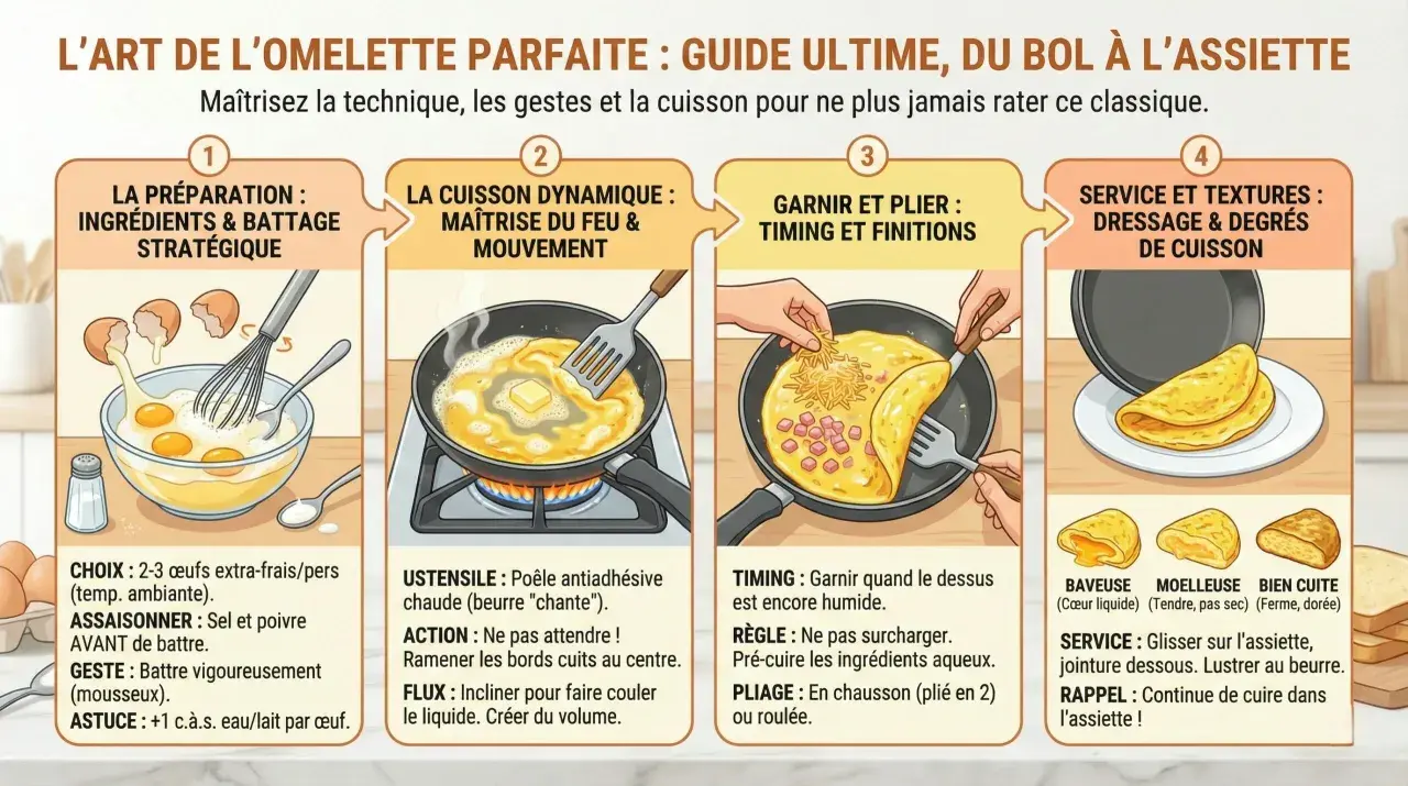 Guide illustré pour réussir une omelette à la plancha parfaite, de la préparation à la cuisson et au dressage.