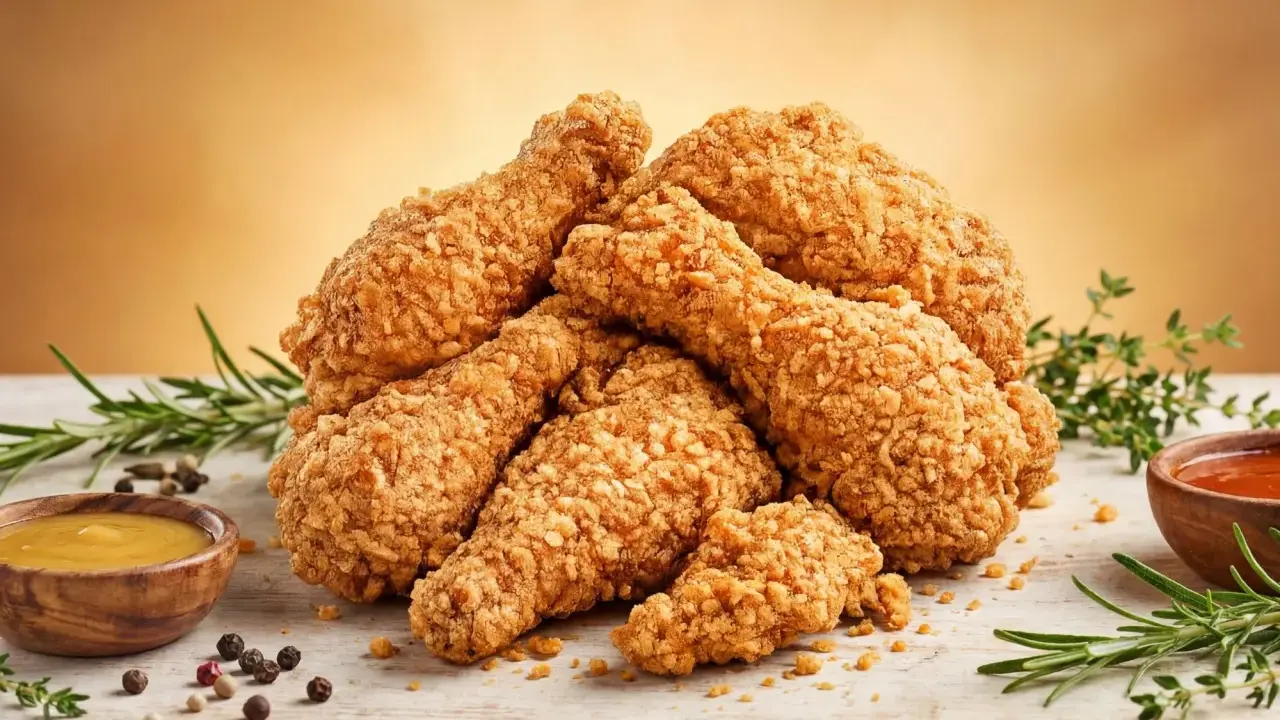 Pile de délicieux nuggets maison croustillants, accompagnés de sauces et de romarin frais.