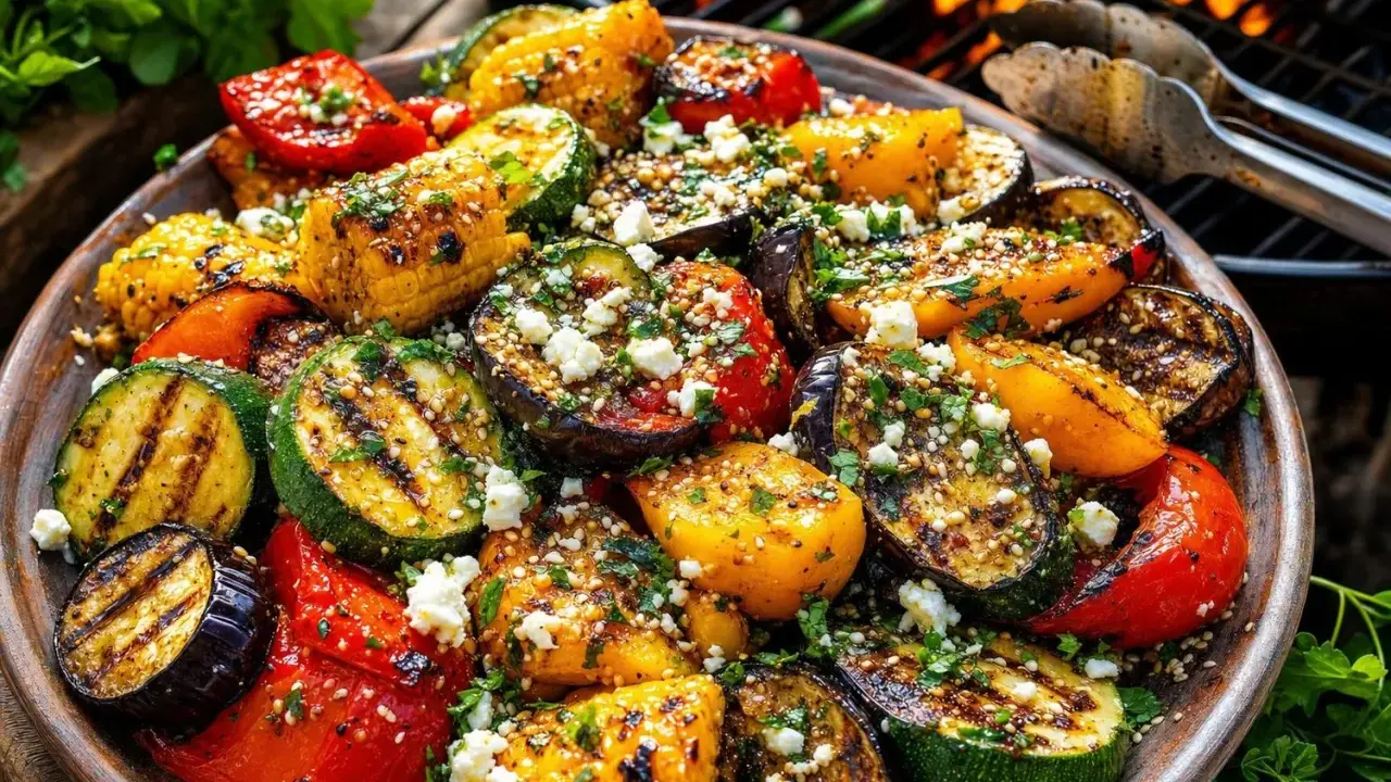 Assiette colorée de légumes barbecue : courgettes, aubergines, poivrons, maïs grillés, parsemés de feta et d'herbes.