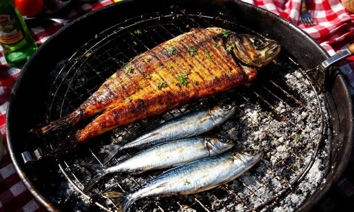 Poisson grillé sur barbecue à gaz. Le temps de cuisson des sardines est court, parfait pour un repas d'été.