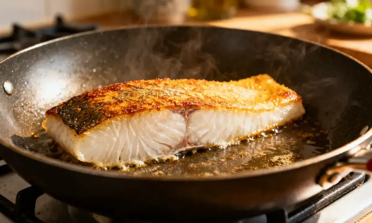 Un filet de morue grillée dore dans une poêle, sa peau croustillante et sa chair nacrée. La vapeur s'échappe, promettant un délice savoureux.