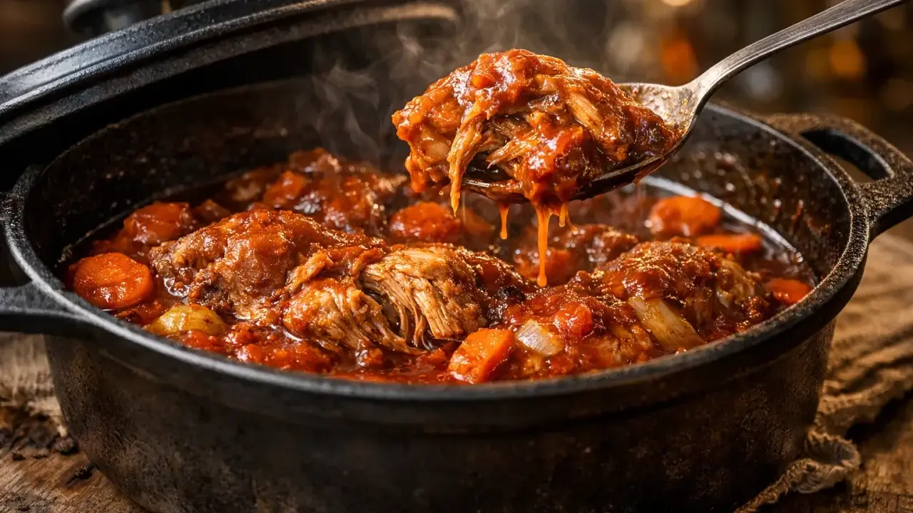 Un osso bucco de dinde mijoté dans une sauce tomate riche, avec des carottes et des oignons. La viande effilochée tombe d'une cuillère, fumante et appétissante.