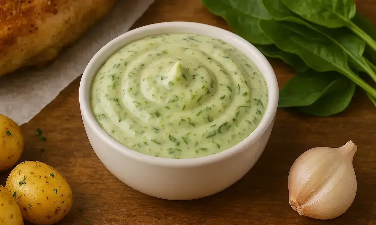 Sauce à l'oseille crémeuse, parsemée d'herbes fraîches, prête à accompagner un plat savoureux.