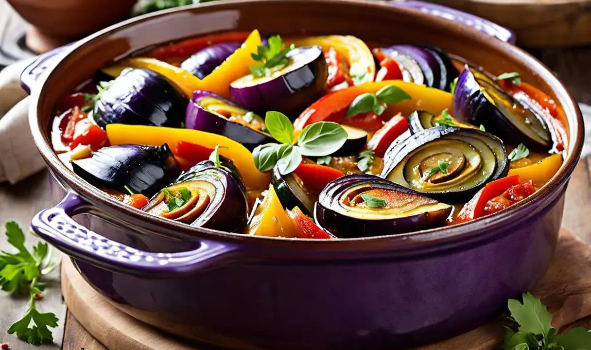 Un plat de ratatouille provençale aux aubergines, poivrons et tomates, garni de persil frais. Un délice coloré prêt à être dégusté.