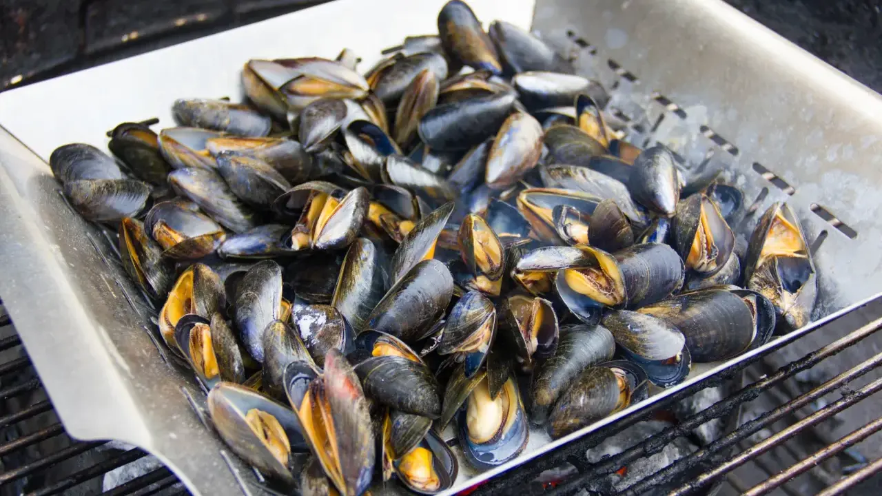 Un plateau de moules au barbecue, prêtes à être dégustées. Les coquilles sombres et orangées s'entrouvrent sous la chaleur des braises.