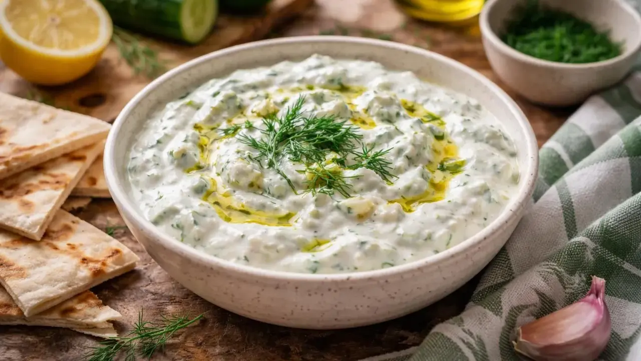 Sauce tzatziki crémeuse, garnie d'aneth frais et d'un filet d'huile d'olive, servie avec du pain pita et des ingrédients frais.