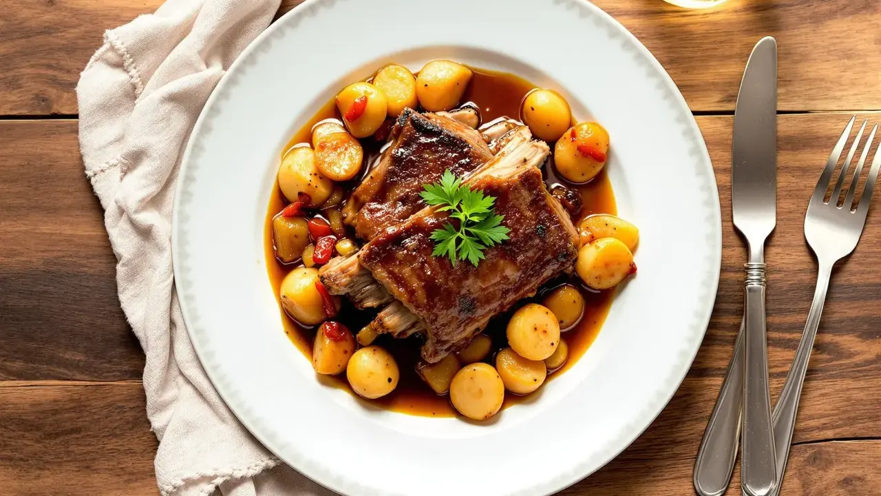Travers de porc au barbecue Weber, tendres et juteux, servis avec des pommes de terre rôties et une sauce savoureuse. Le temps de cuisson parfait pour un délice.