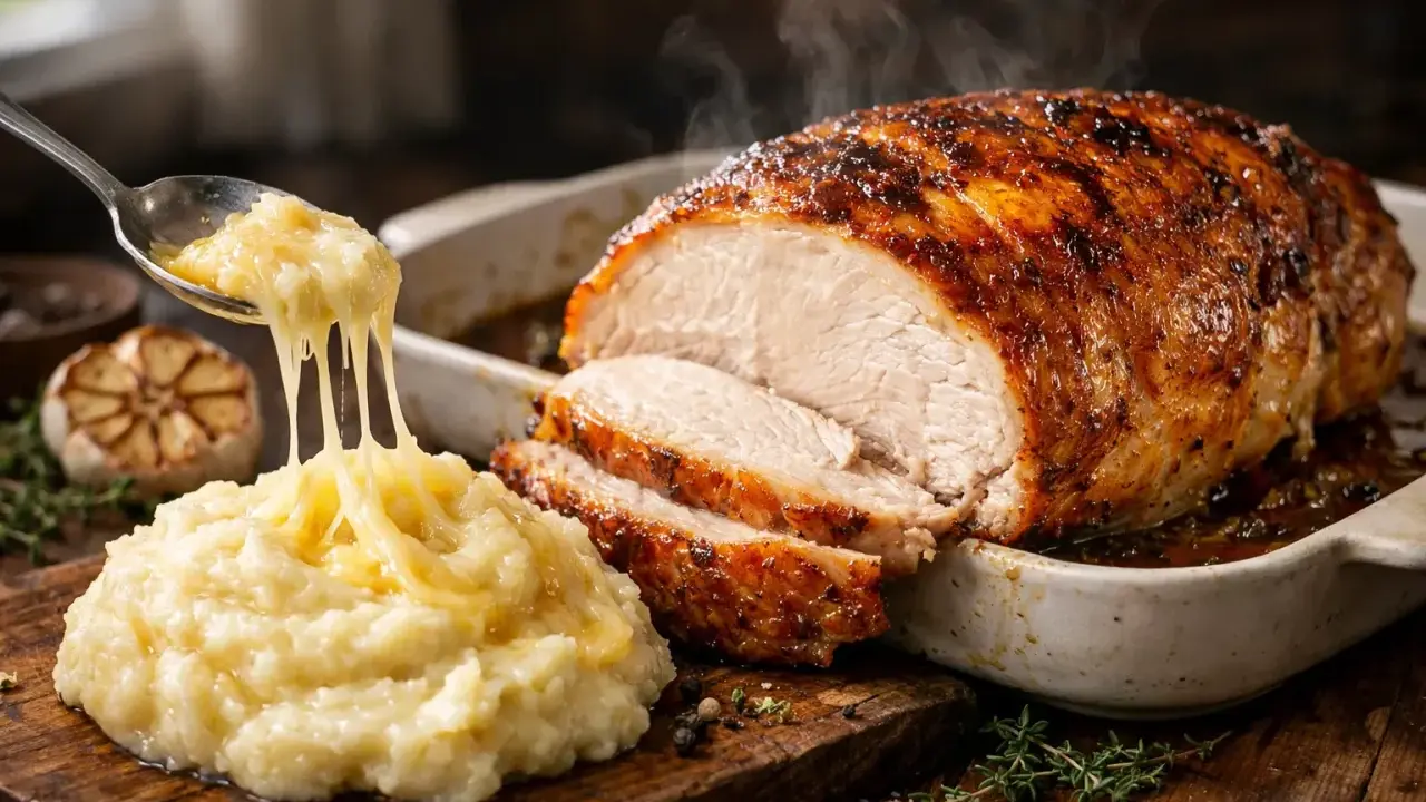 Un savoureux roti de dinde au four, fumant et doré, servi avec une purée de pommes de terre onctueuse et un ail rôti.