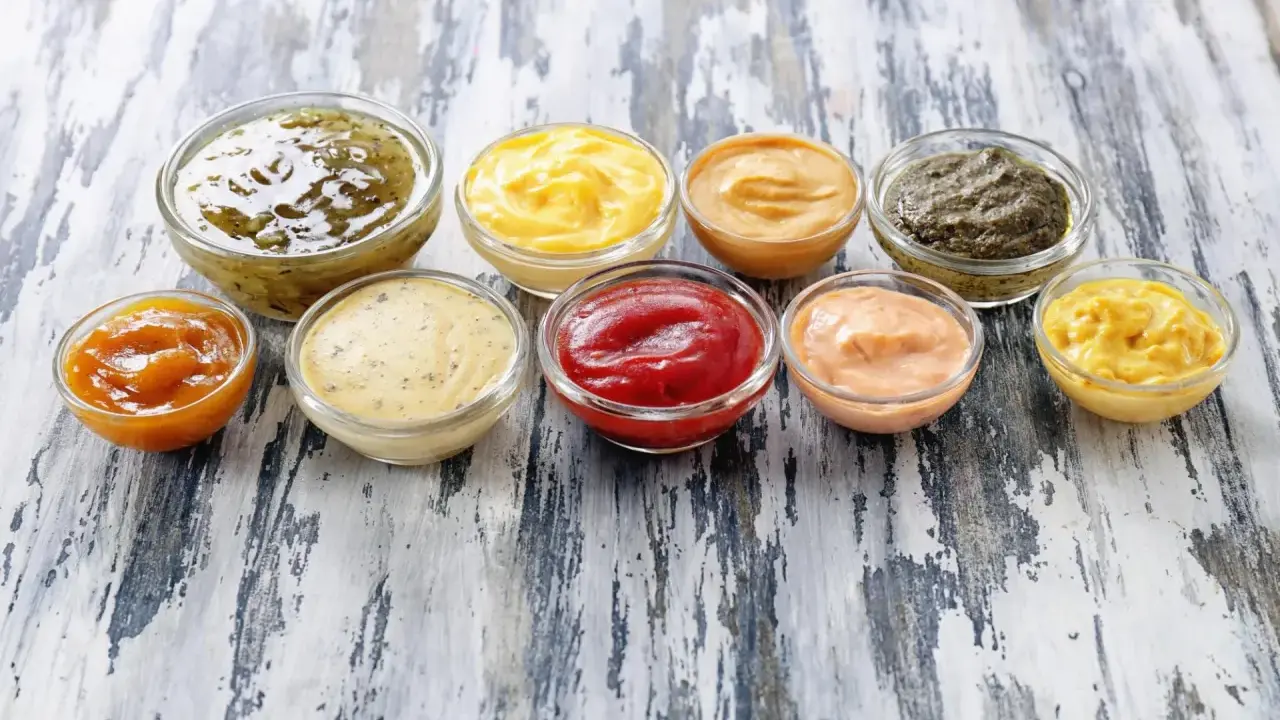 Neuf coupelles de sauces variées, dont le ketchup, la moutarde et des sauces vertes et orangées. Ces sauces sont parmi les 10 sauces les plus utilisées.