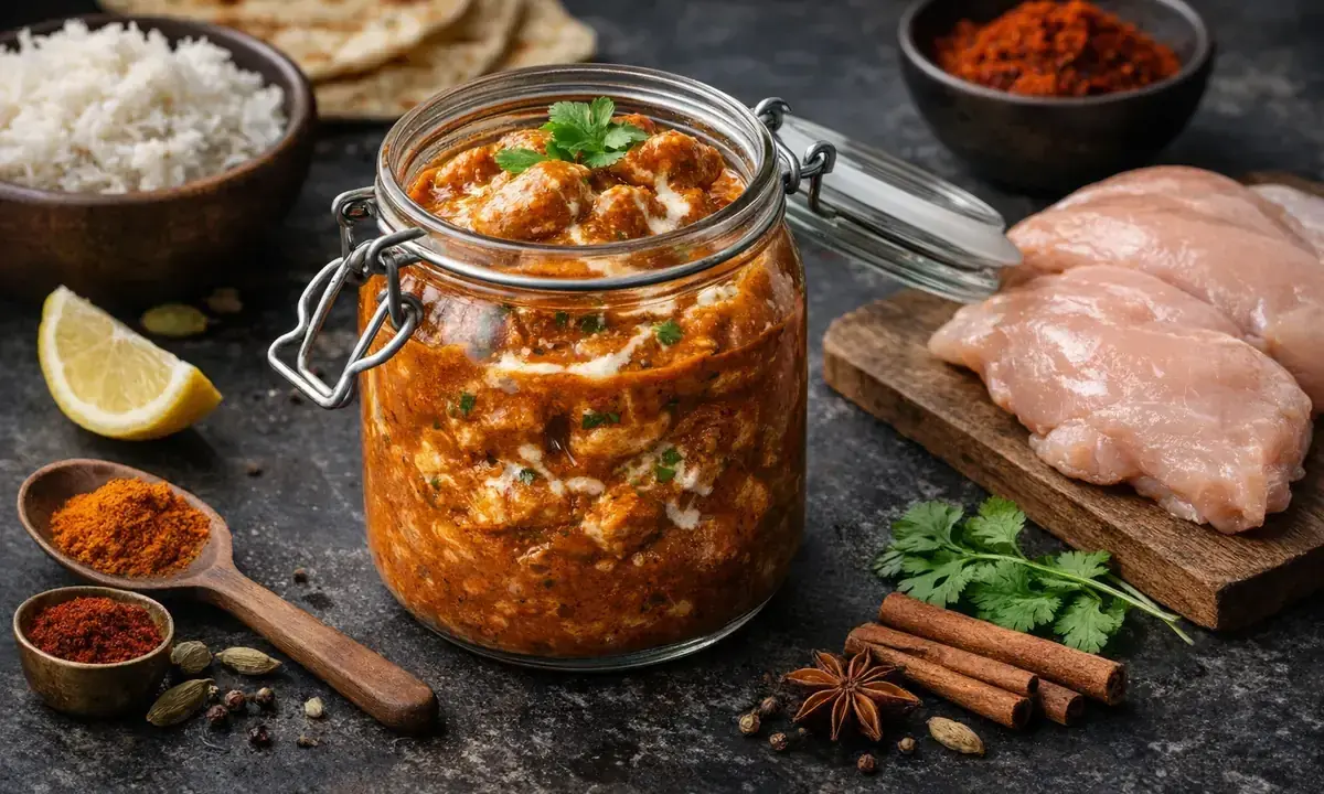 Un pot de butter chicken crémeux, garni de coriandre fraîche. À côté, du riz basmati, des naans, du poulet cru, des épices et un quartier de citron.