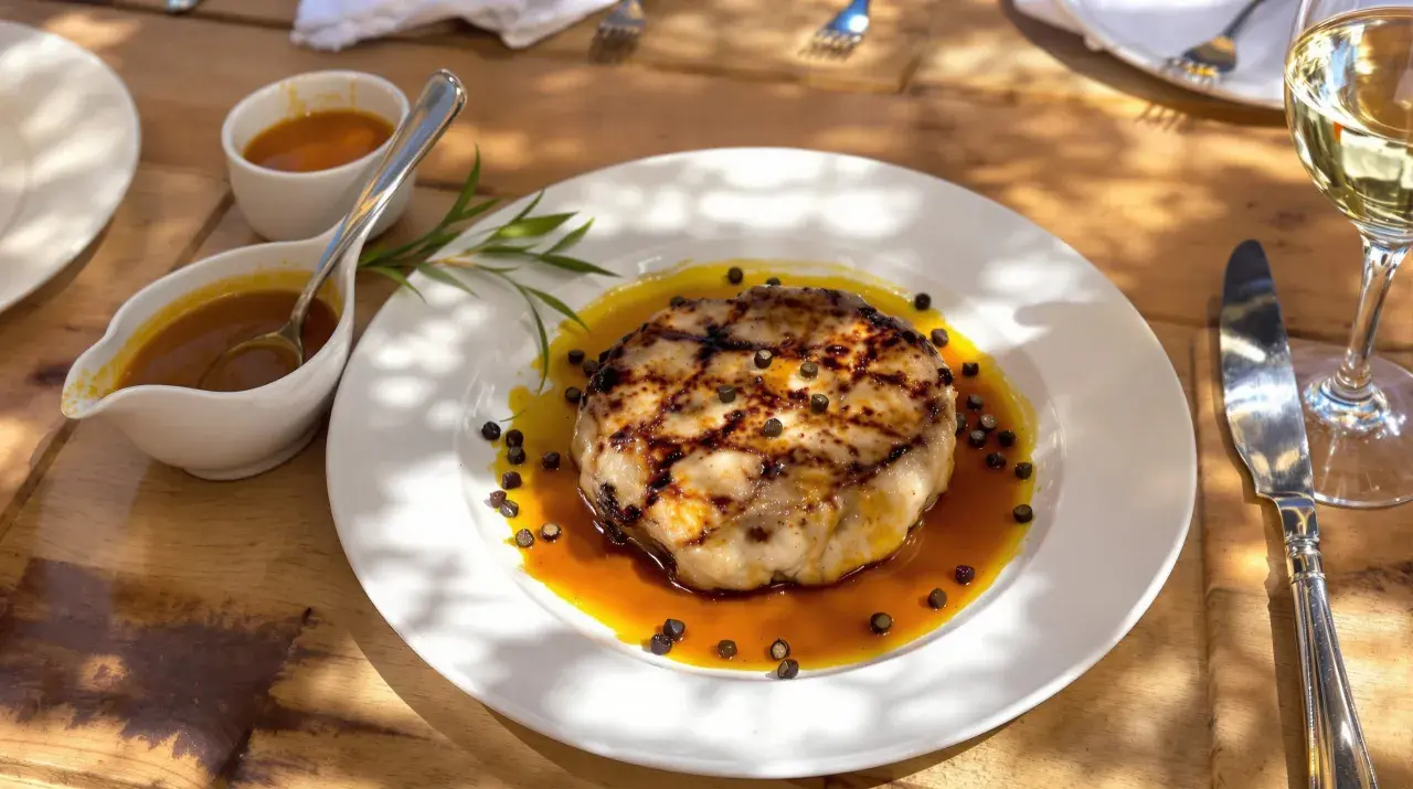 Un plat de viande grillée, nappé d'une sauce savoureuse et parsemé de poivre. Une sauce à viande qui promet un délice.