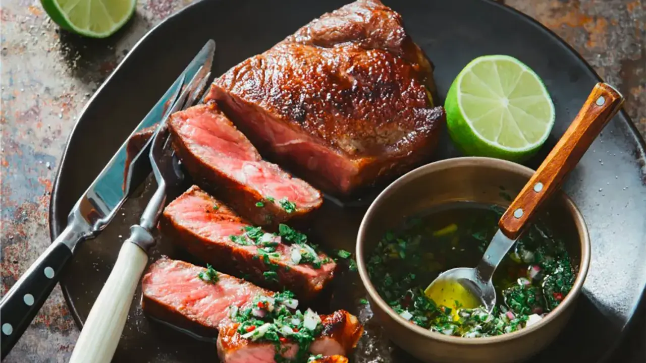 Un steak de bœuf juteux, tranché et garni d'une sauce pour viande de bœuf fraîche et vibrante, accompagné de quartiers de citron vert.