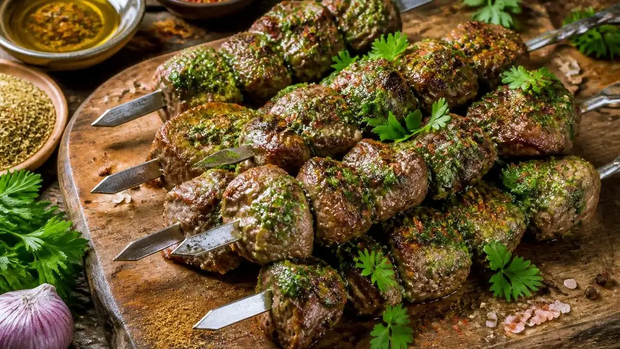 Brochettes de viande grillée, parsemées d'herbes vertes. Parfaites avec quelles sauces pour accompagner des brochettes ? Huile d'olive, épices et ail à proximité.