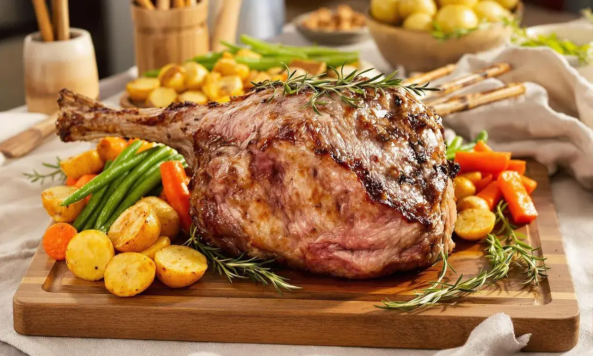 Gigantesque cuisse d'agneau rôtie, servie avec des pommes de terre, des carottes et des haricots verts sur une planche en bois. Un plat de fête savoureux.