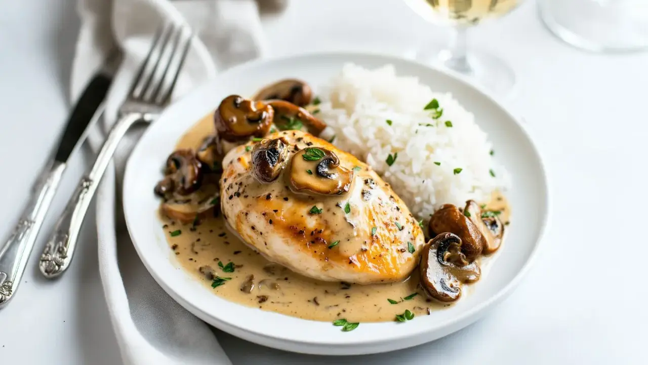 Un délicieux poulet aux morilles à la crème, servi avec du riz blanc et garni de persil frais. Un plat savoureux et réconfortant.