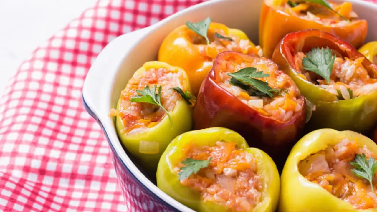 Poivrons colorés farcis de riz et de légumes, garnis de persil frais. Un plat savoureux de légumes farcis.