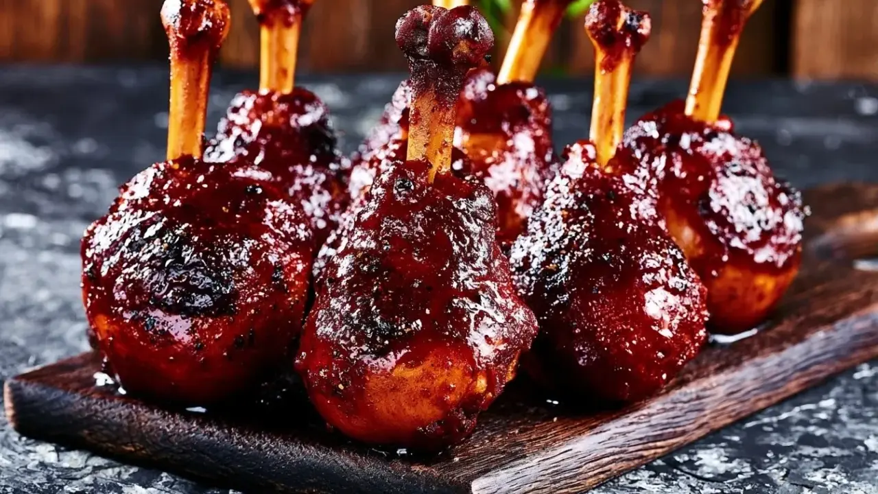 Délicieux chicken lollipops enrobés d'une sauce barbecue brillante, prêts à être dégustés sur une planche en bois rustique.