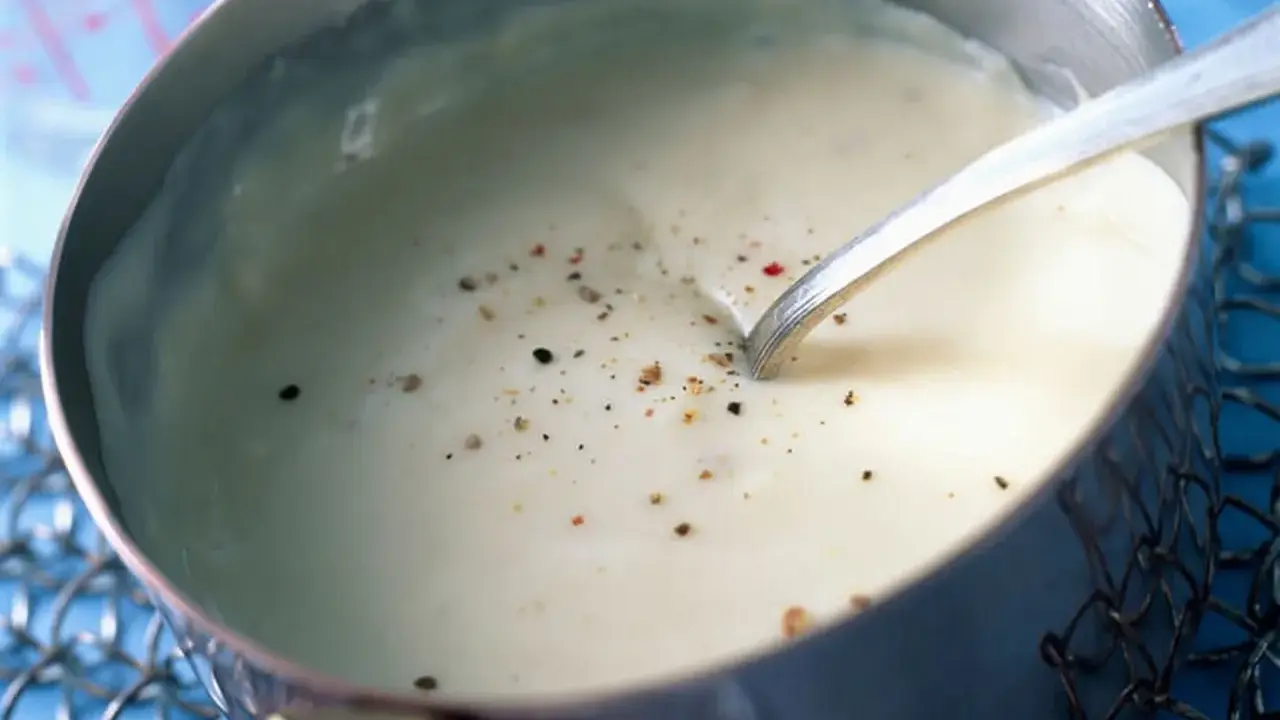Sauce béchamel sans beurre, onctueuse et parsemée de poivre, prête à être dégustée.