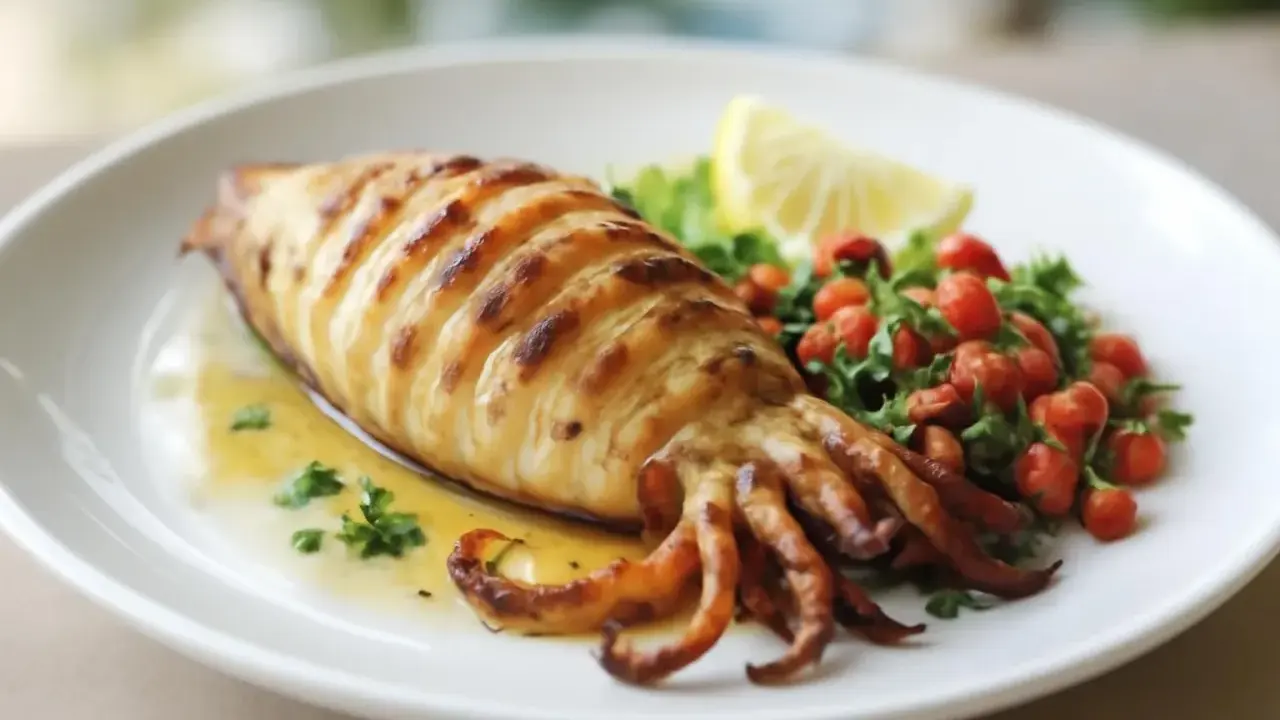 Un encornet grillé, parfaitement marqué, baigne dans une sauce dorée, accompagné d'une salade de tomates cerises et d'une tranche de citron.