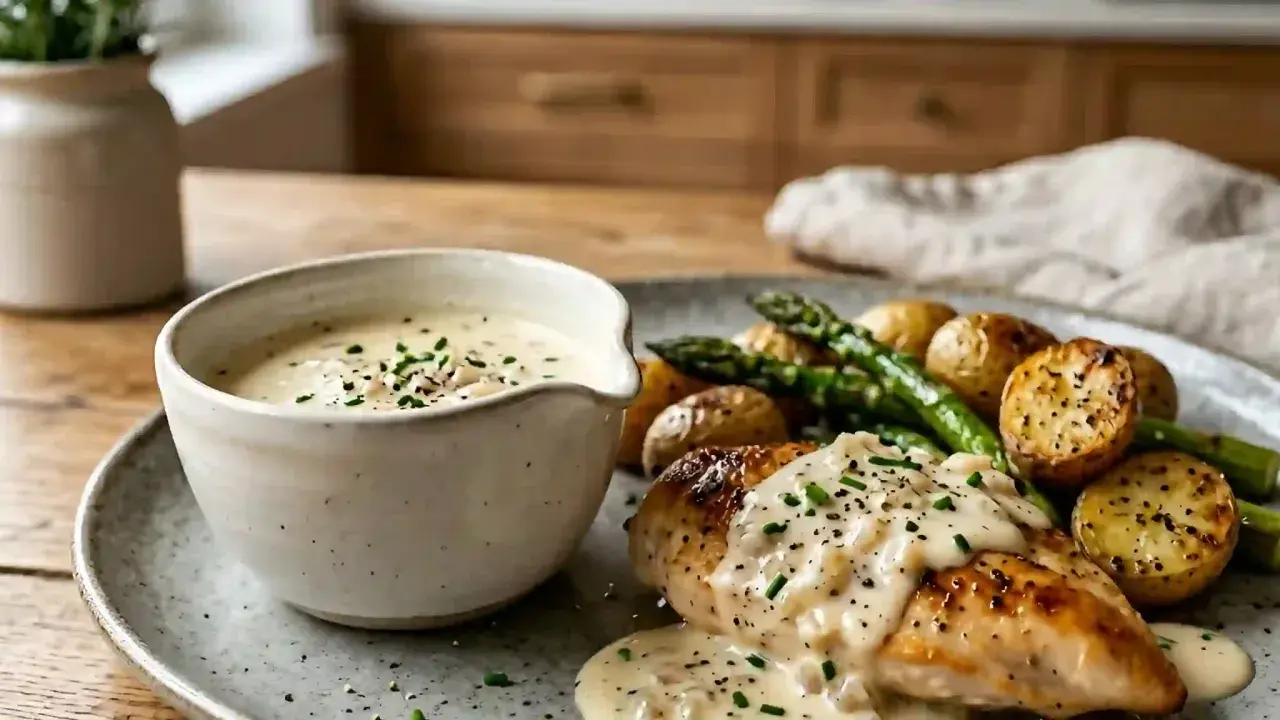 Un plat de poulet rôti avec des pommes de terre, des asperges et une sauce échalote crémeuse, garnie de ciboulette fraîche.