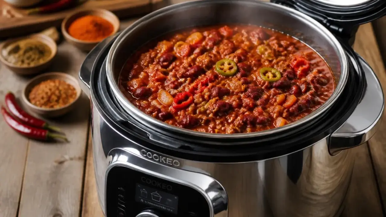 Un délicieux chili con carne mijote dans le Cookeo, prêt à régaler.