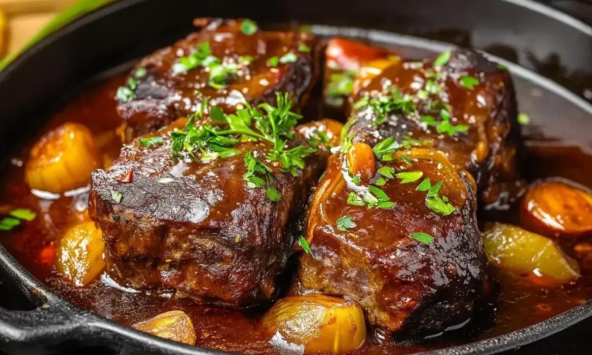 Quatre morceaux de joue de bœuf braisée, nappés d'une sauce riche et garnie de persil frais, mijotent dans une poêle en fonte avec des oignons caramélisés.