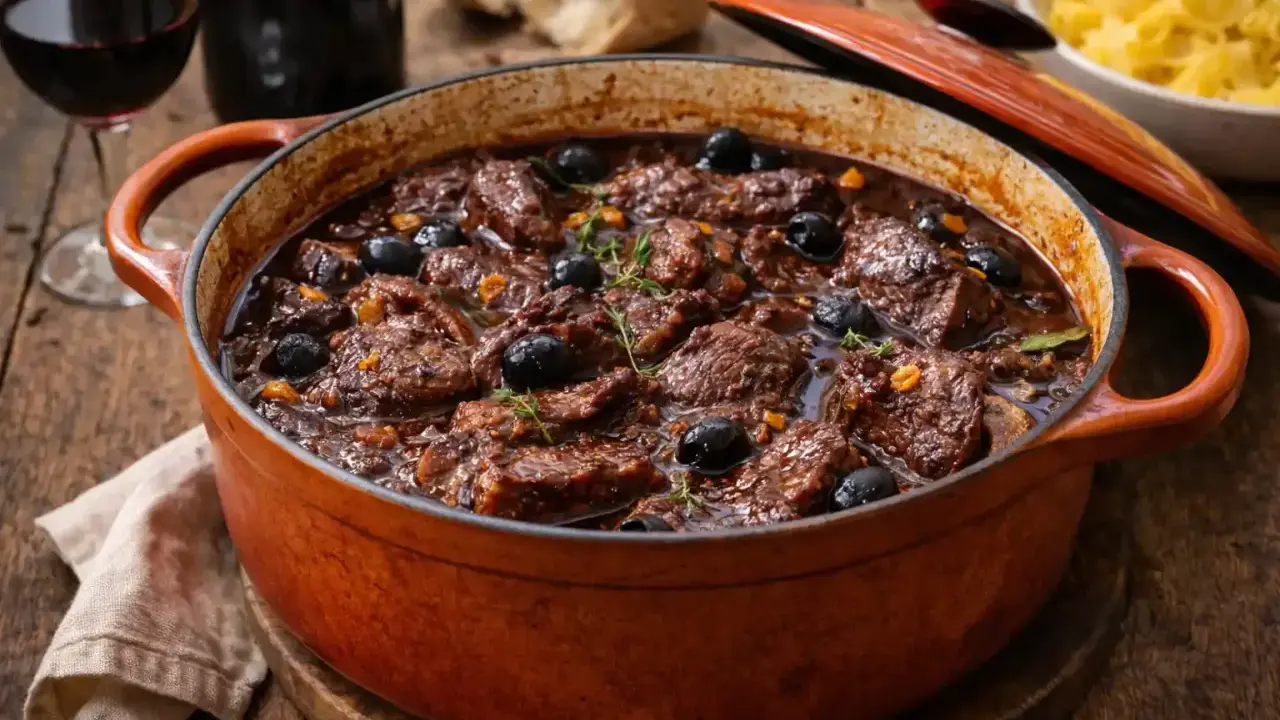 Un plat mijoté de daube de boeuf, garni d'olives noires et de thym, dans une cocotte en fonte orange.