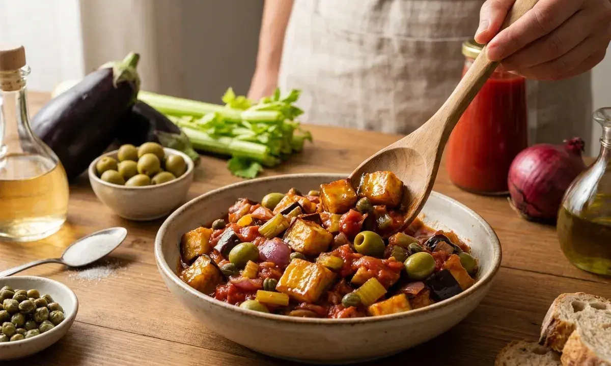 Un plat coloré de caponata, une recette sicilienne savoureuse avec aubergines, olives et tomates.