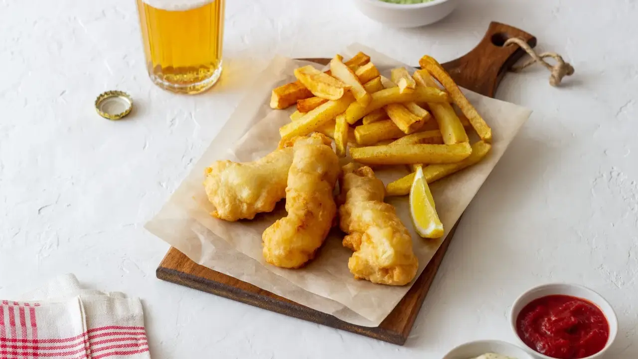 Un plat de fish and chips croustillant, servi avec des frites dorées, un quartier de citron, et des sauces. Une bière blonde complète ce repas.