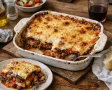 Un plat de moussaka gratinée, prêt à être dégusté. Une invitation à préparer cette recette savoureuse.